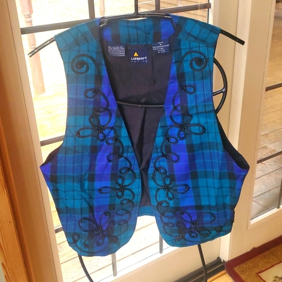 Vintage Liz Claiborne Sport Blue Plaid 100% Silk Embellishe Sz MP Vest Waistcoat - Picture 8 of 12